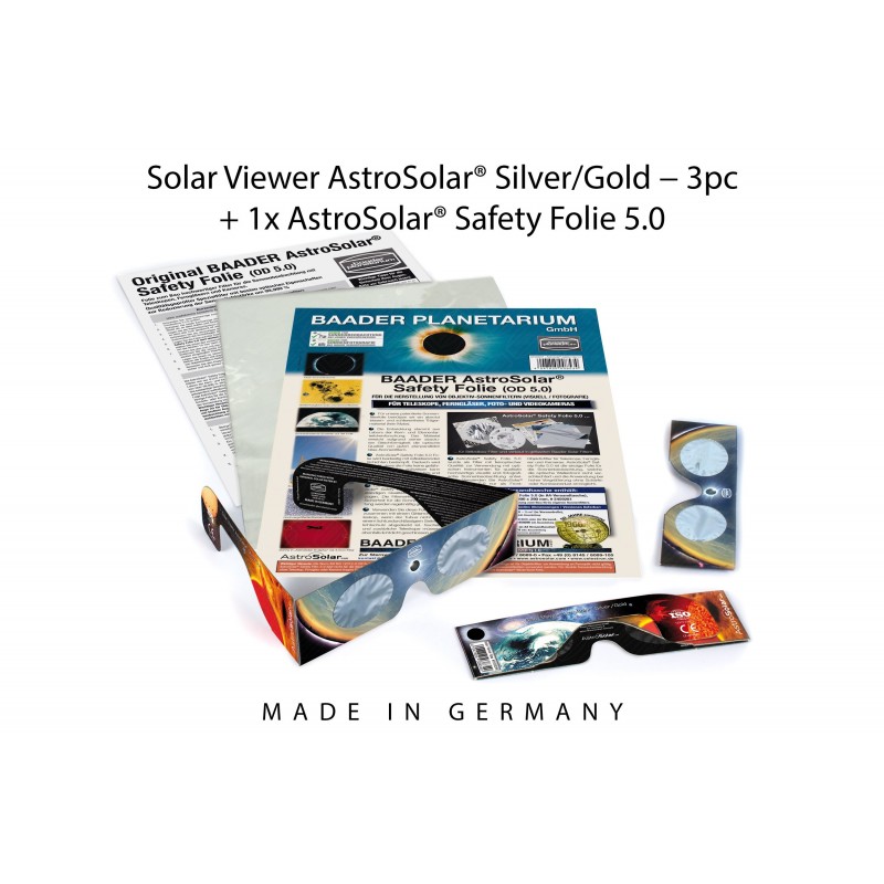 Ensemble: Feuille AstroSolar® A4 et 3 lunettes d'observation solaire